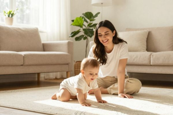 Happy mother watching her baby crawl on a white rug in a bright, modern living room