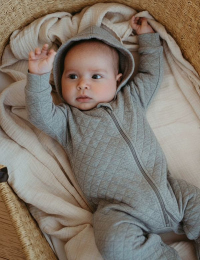 Organic Quilted Grey Baby Romper with Hood
