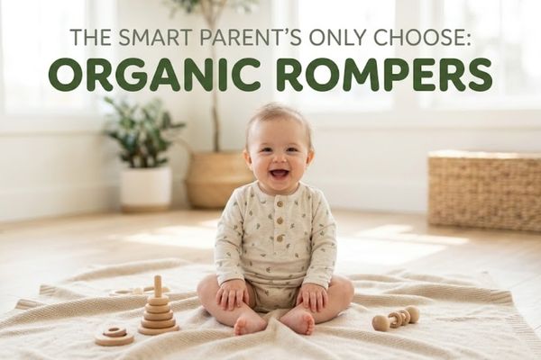 Happy baby wearing a GOTS-certified organic cotton romper sitting on a beige blanket with wooden toys.