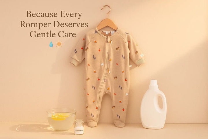 Beige baby romper with small colorful prints hanging on hanger beside detergent, lemon water, and gentle care text