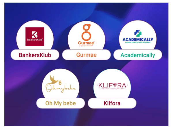 Logos of five brands BankersKlub, Gurmae, Academically, Oh My bebe, and Klifora on purple gradient background