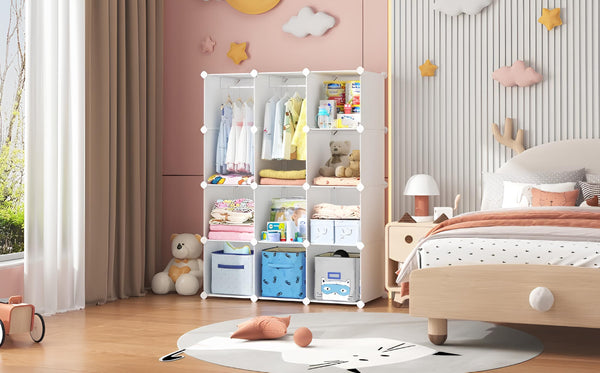 Organized kids bedroom with white modular closet, hanging clothes, toys, and cozy bed