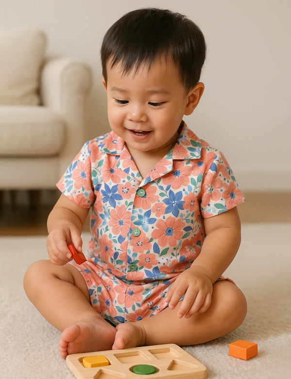 Organic Cotton Baby Girl Floral Print Pyjama Set - Short Sleeves, Comfortable Sleepwear
