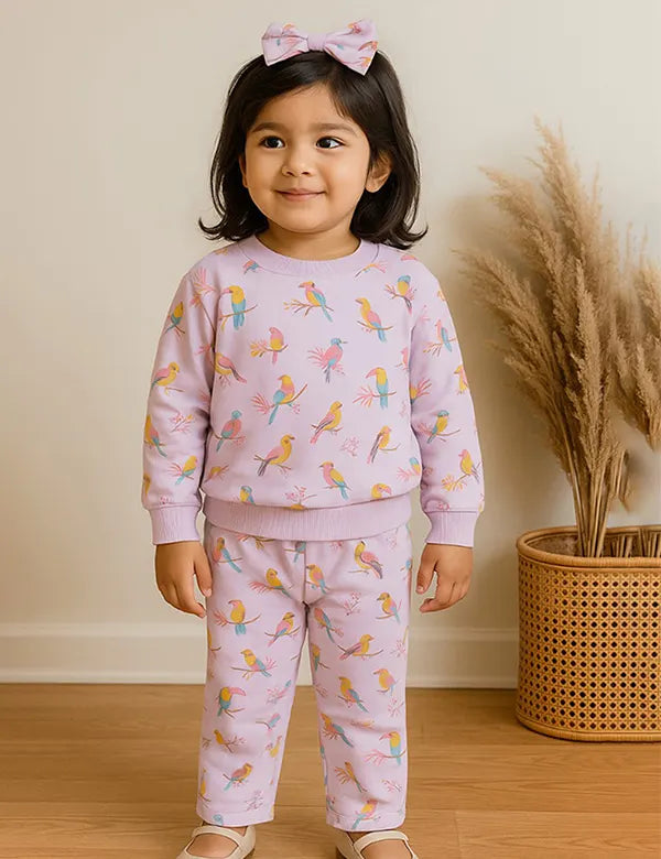 Organic Cotton Sweat Tee with Pant Set - Mother of Pearl / Parrot Print