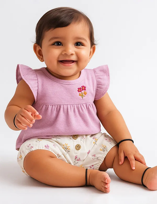 Organic Cotton Tunic Top & Shorts Set – Lavender Melange & Posie Floral Print