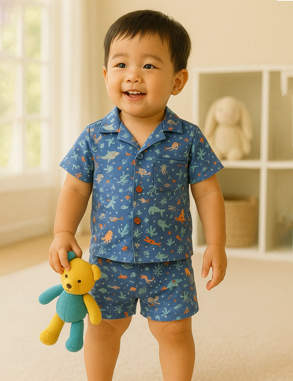 Boy's Organic Cotton Short Sleeve Marine Print Pyjama Sets