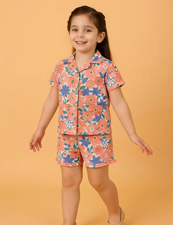 Organic Cotton Baby Girl Floral Print Pyjama Set - Short Sleeves, Comfortable Sleepwear