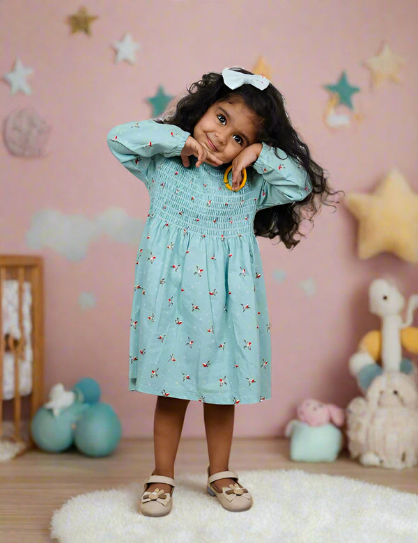 Organic Cotton Baby Girl Dress Set | Floral Print Smocked Dress with nappy (Summer Wear)