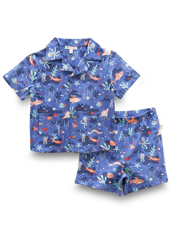 Boy's Organic Cotton Short Sleeve Marine Print Pyjama Sets