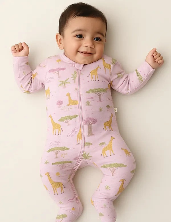 Giraffe Print Organic Cotton Baby Romper with Zip