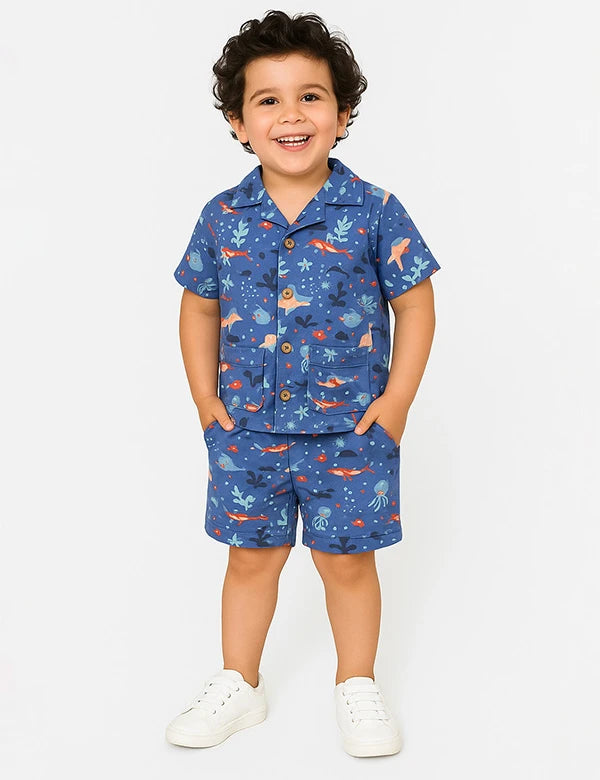Boy's Organic Cotton Short Sleeve Marine Print Pyjama Sets