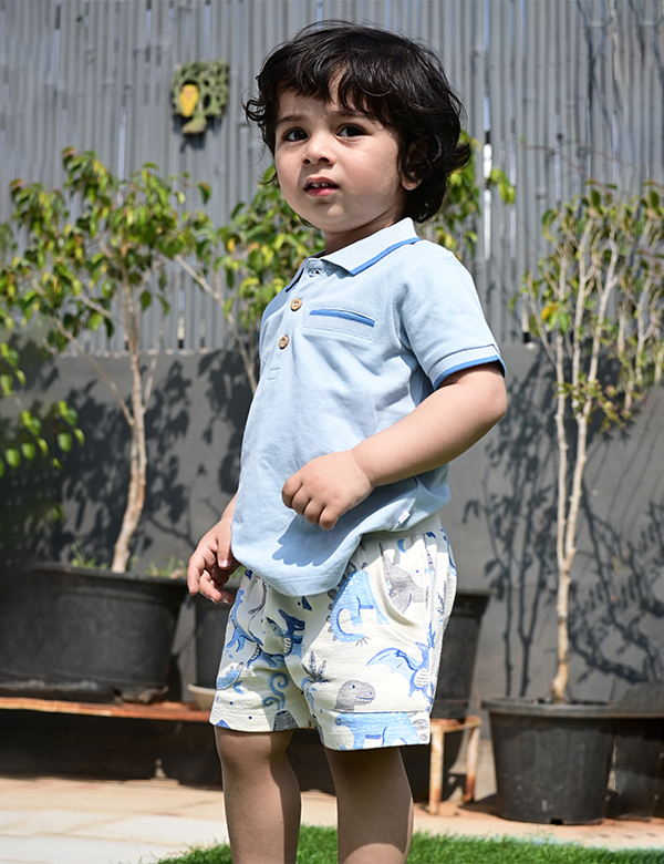 Polo Tee & Shorts Set – Sky Blue & Dino Dreams Print