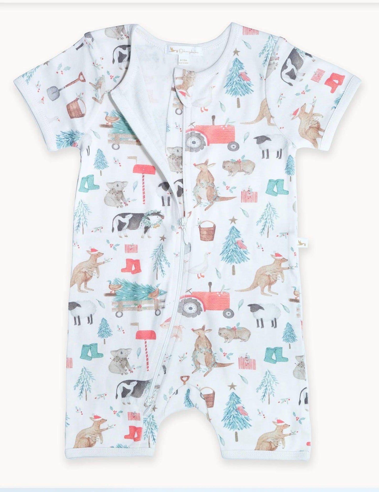 Organic cotton baby short-sleeved zip-up romper with farm animal print including kangaroos, koalas, cows, sheep, tractors, and Christmas trees
