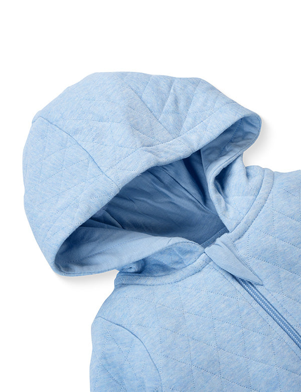 Light blue quilted baby romper hood detail made from 100% organic cotton