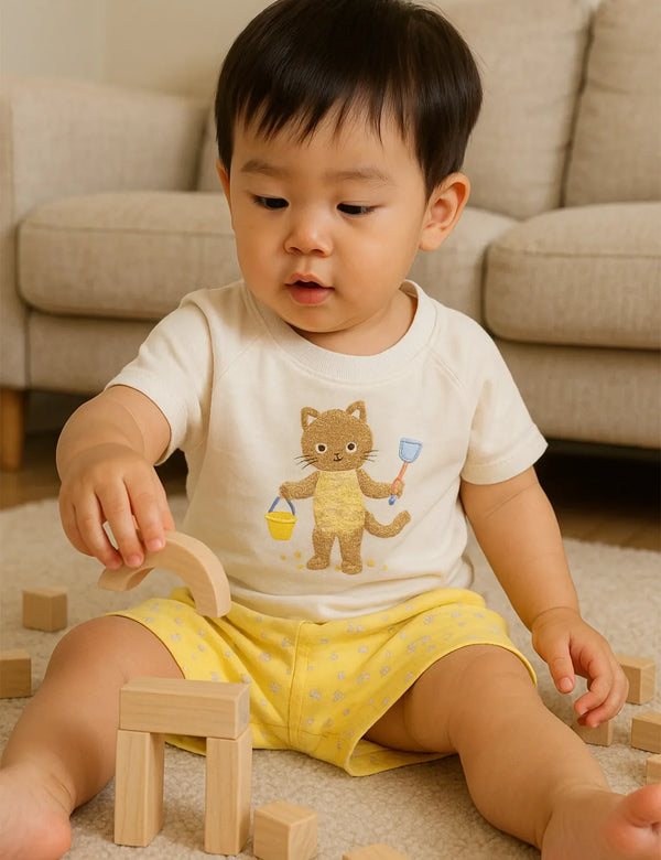 Organic Cotton Baby T-shirt Shorts Set | Cat Embroidery Summer Wear (Unisex) - ohmybebe