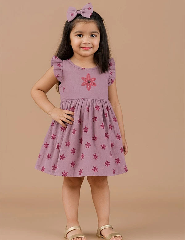 Organic Cotton Dress with Floral Hair Clip - Mulberry