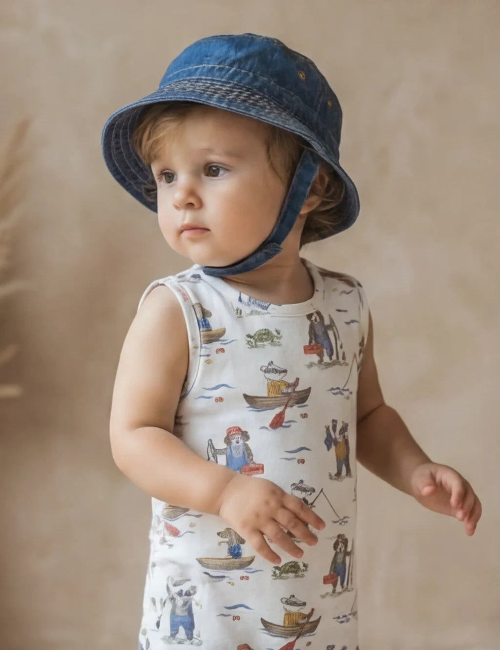 Organic Cotton Romper & Denim Hat Set – Cloud AOP & Dark Denim