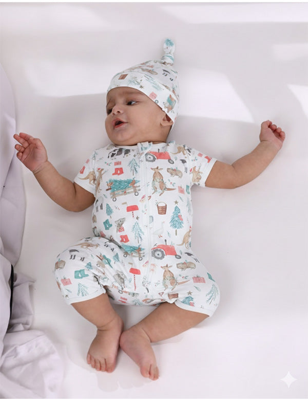 Organic Zip Romper & Hat Set – Farm Print