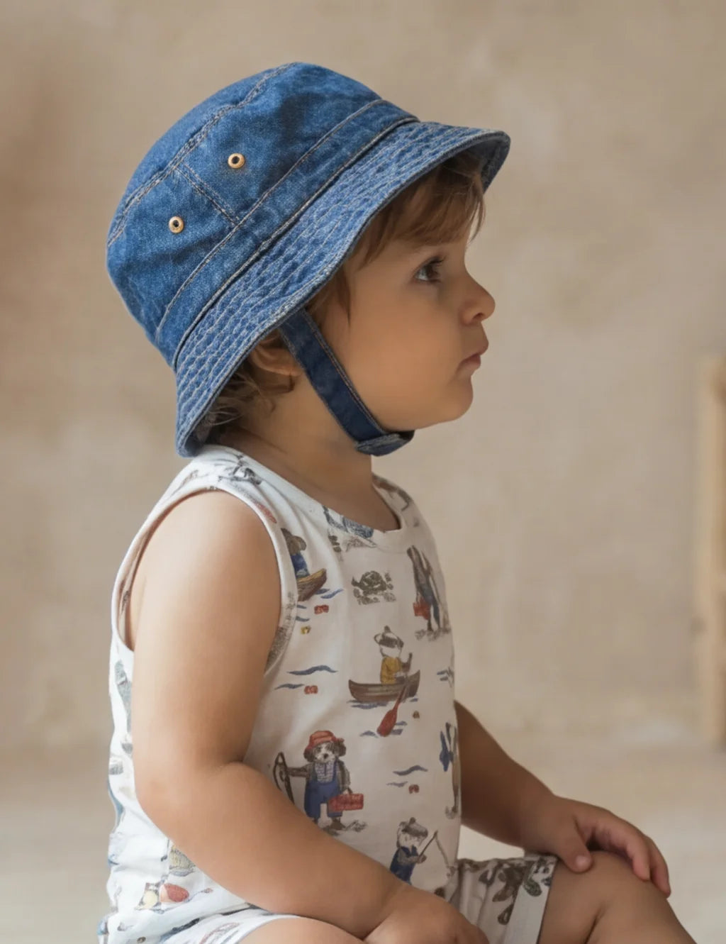 Organic Cotton Romper & Denim Hat Set – Cloud AOP & Dark Denim