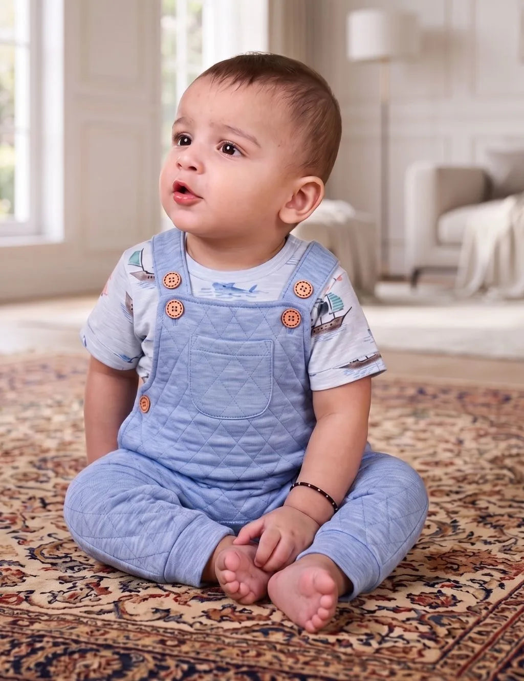 Organic Cotton Quilted Dungaree Set - Boat Print