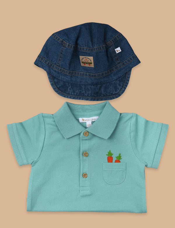 Mint Polo Growsuit with Denim Cap - 2 Piece Organic Set