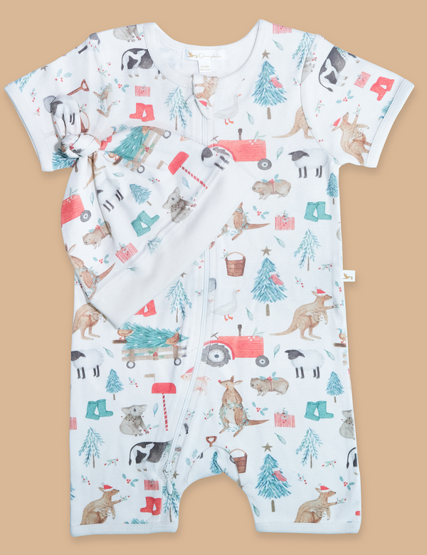 Shortie Zip Growsuit & Knot Hat – Farm Joy Print