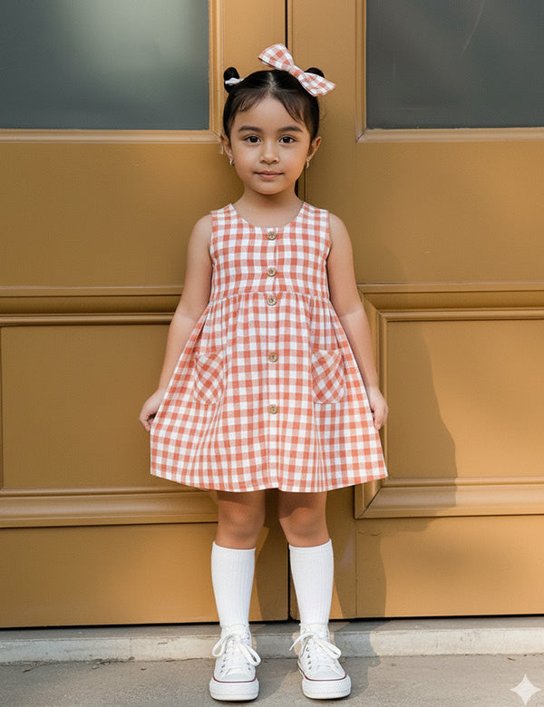 Stylish Baby Girl Checkered Dress with Bow - Organic Linen Cotton