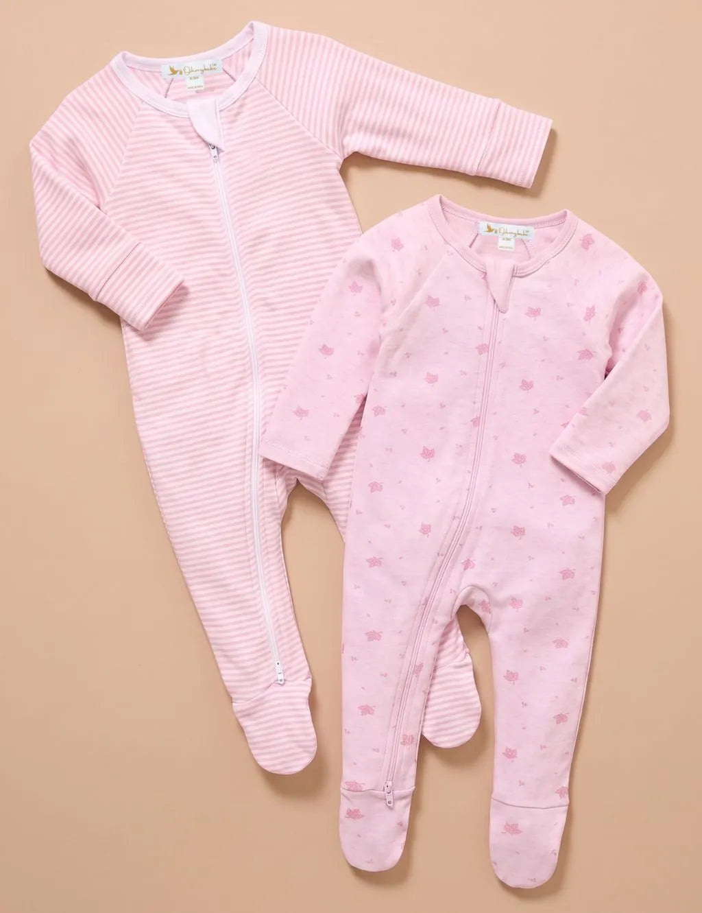 Organic Zip Baby Romper Set – Pink Leaf & Stripes (2-Pack)