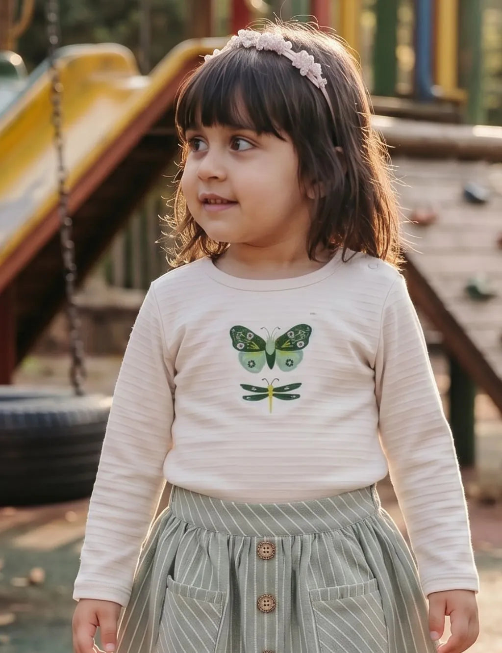Organic Cotton Butterfly Applique Tee with Safari Skirt