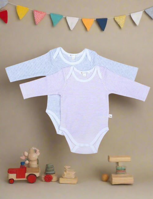 Organic Cotton Long sleeve bodysuit 2-pack-Striped Pink & Grey