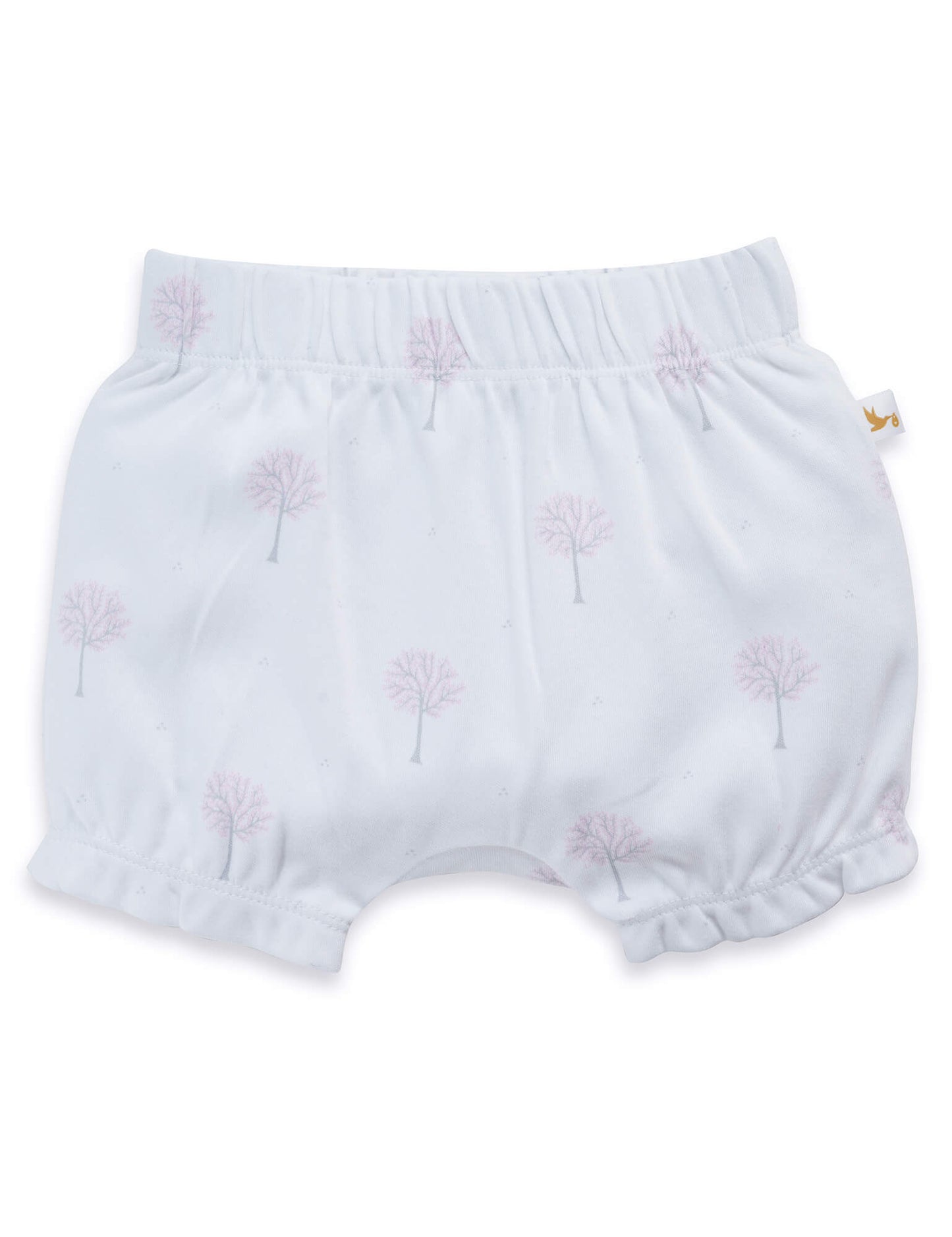 White baby bloomers with light pink tree print and elastic waistband and leg openings