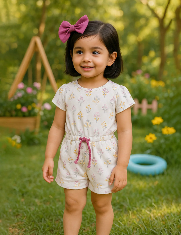 Organic Cotton Onesie with Headband - Cloud AOP (Posie Floral Print) / Raspberry - ohmybebe