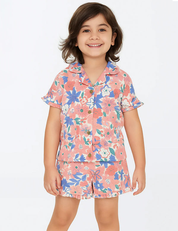 Organic Cotton Baby Girl Floral Print Pyjama Set - Short Sleeves, Comfortable Sleepwear