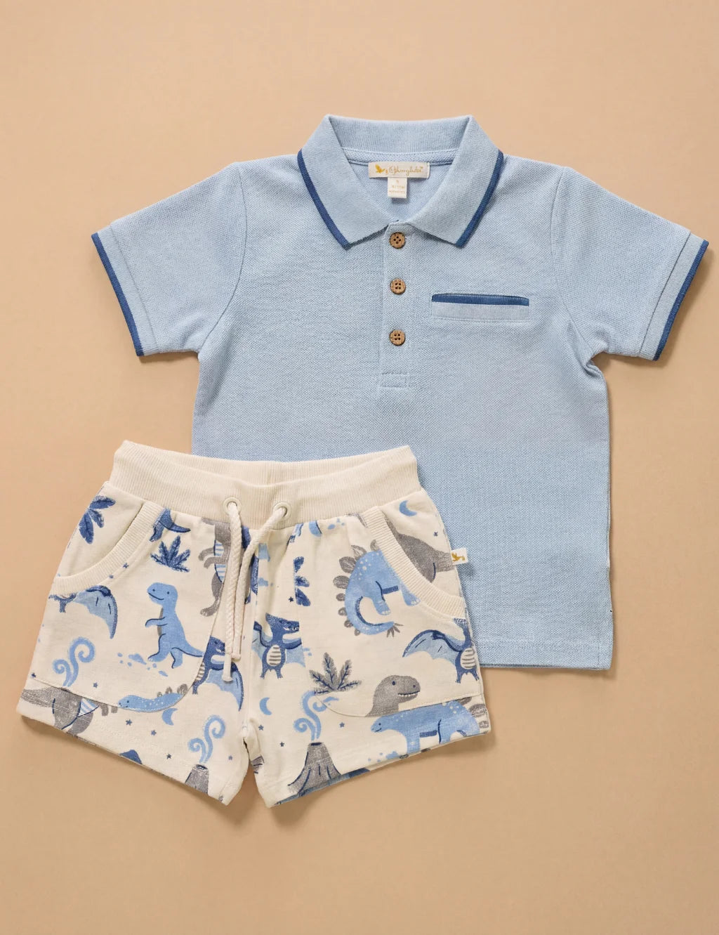 Organic Cotton Polo Tee & Shorts Set – Sky Blue & Dino Dreams Print