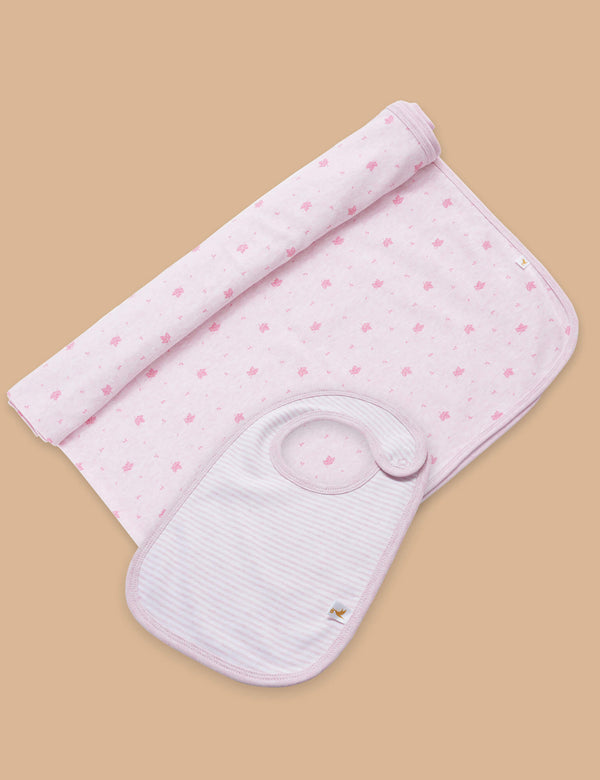 Organic Cotton Pink Bunny Print Baby Blanket & Bib Set (110cm x 100cm