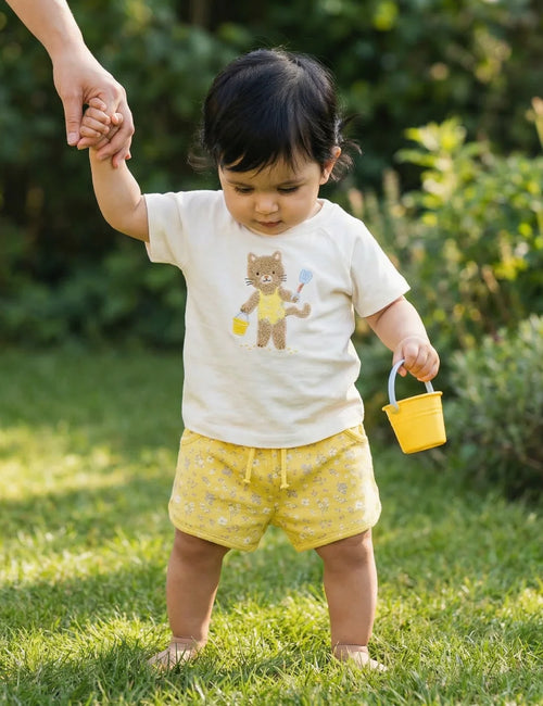 Organic Cotton Baby T-shirt Shorts Set | Cat Embroidery Summer Wear (Unisex)