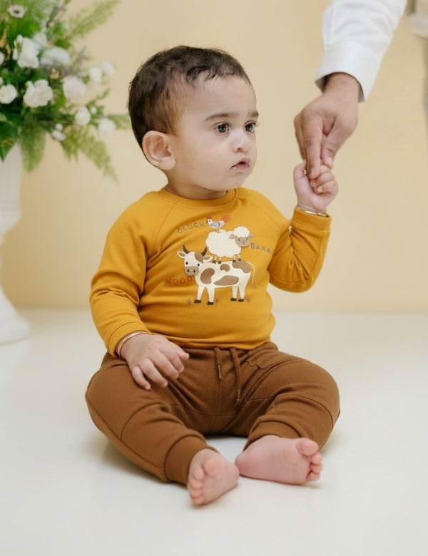 Baby wearing mustard embroidered farm animal top with brown joggers – Oh My Bebe outfit