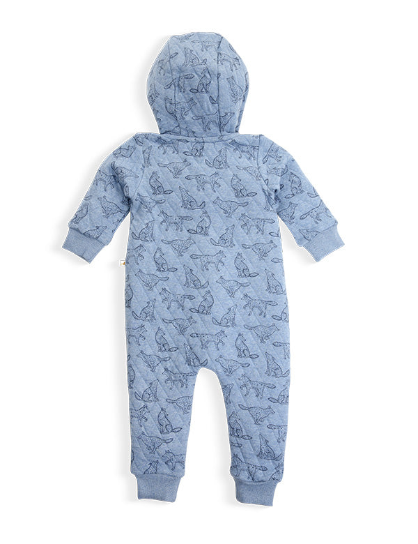 Back view of blue quilted baby romper with hood and fox print pattern, organic cotton