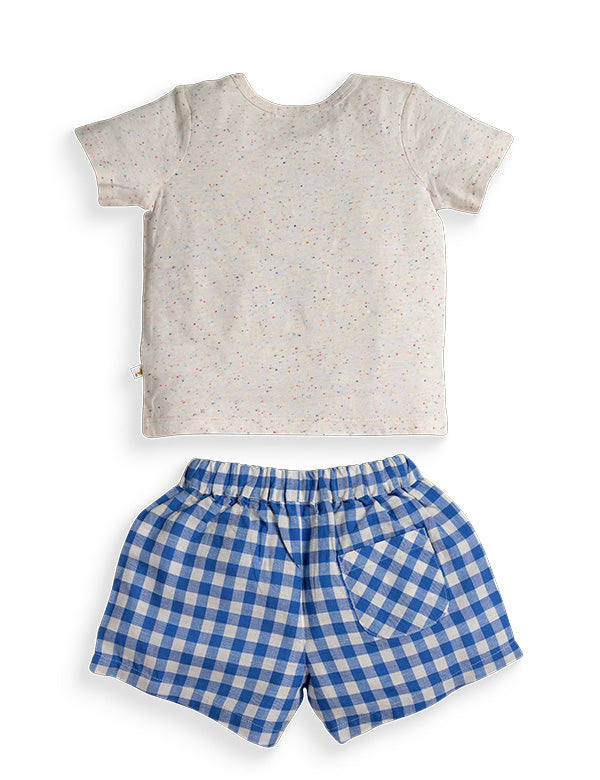 Back view of speckled organic cotton T-shirt and blue gingham shorts for babies
