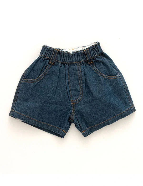 Blue denim shorts with elastic waistband and front pockets on white background