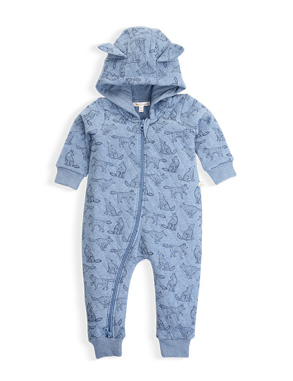 Blue baby romper with hood and animal ear details, featuring dark animal prints and front zipper
