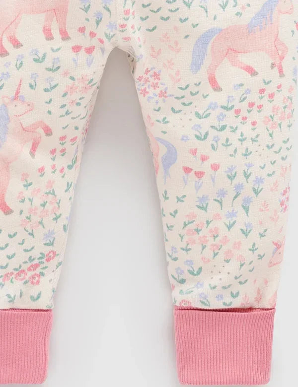 Close-up of baby leggings with pastel unicorn and floral print, pink ribbed cuffs