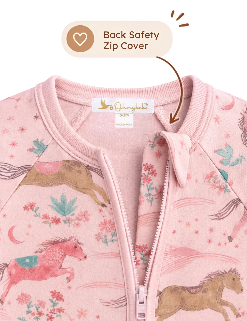 Close-up of a pink children's zip-up jacket with a whimsical horse and floral print, featuring a tie-front closure and a label reading Ohnybble. A callout bubble highlights the back safety zip cover.