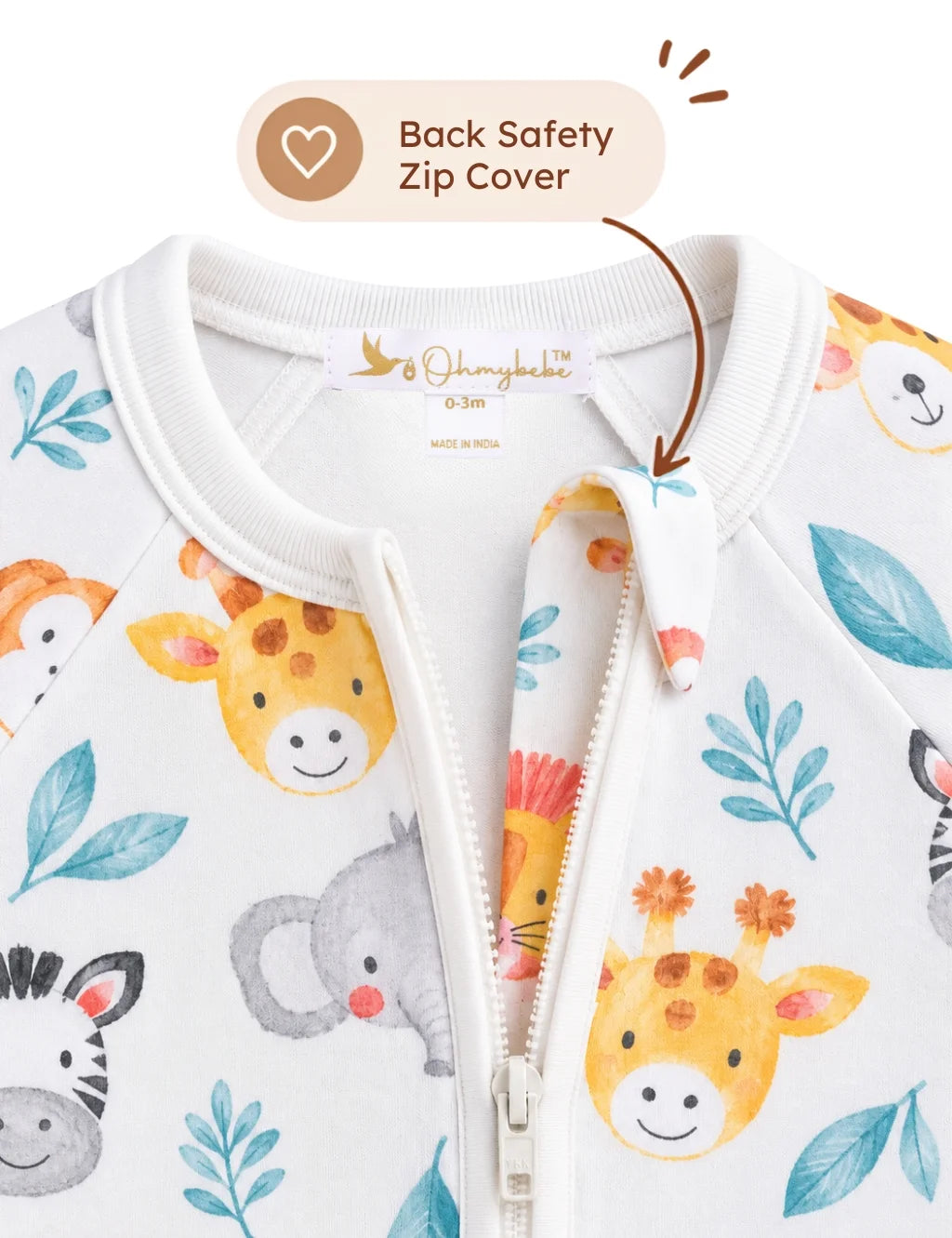 ohmybebe animal print organic cotton baby zip romper featuring a back safety zip cover