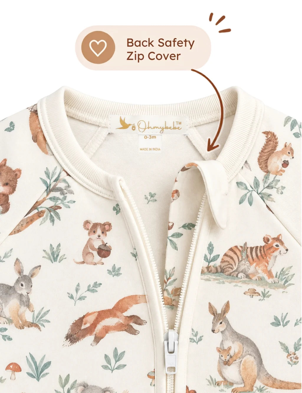 Close-up of ohmybebe organic cotton baby romper featuring a zoo friends print and back safety zip cover.