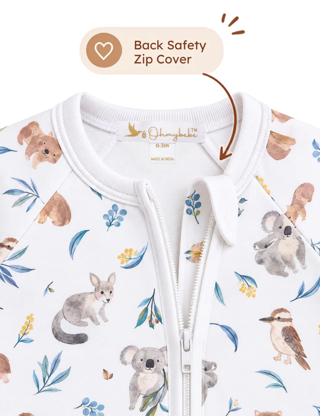 ohmybebe organic cotton eucalyptus zipper romper with back safety zip cover