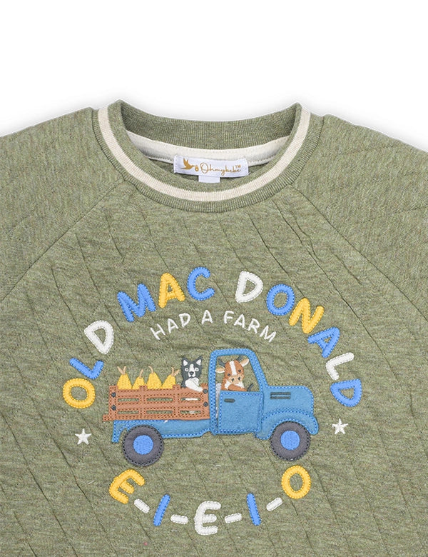 Green children's sweatshirt with 'Old MacDonald Had a Farm' design on a white background