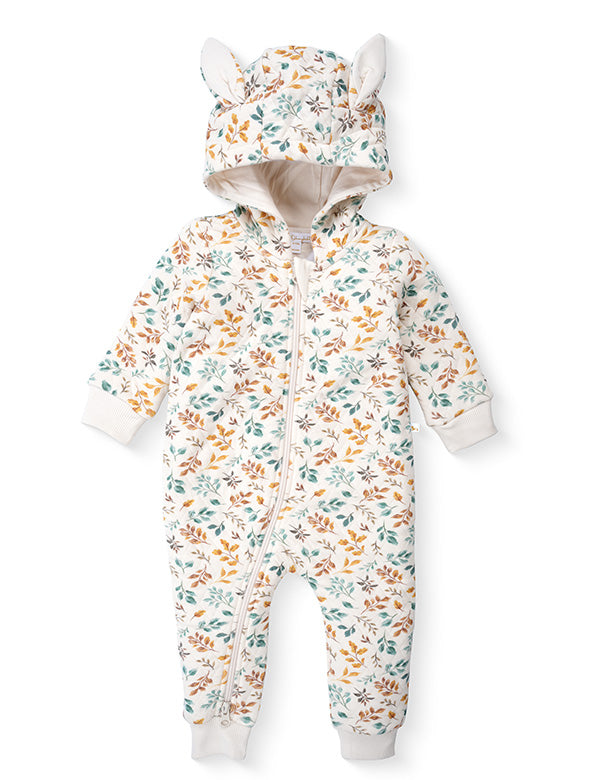Front view of organic cotton quilted floral baby romper with hood and two-way zipper – newborn winter clothing