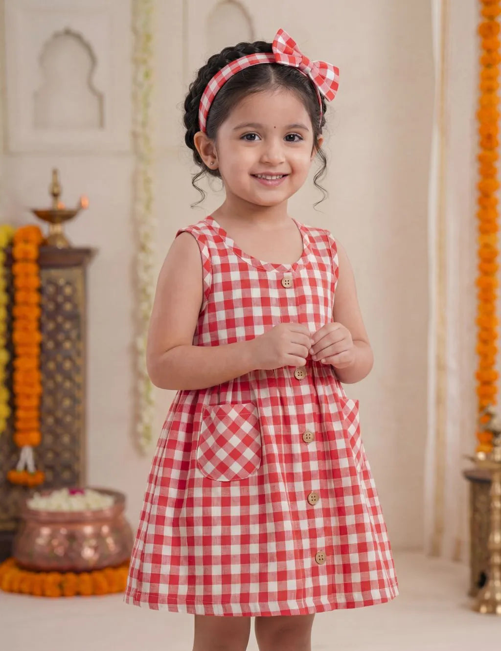 Stylish Baby Girl Checkered Dress with Hairclip - Organic Linen Cotton