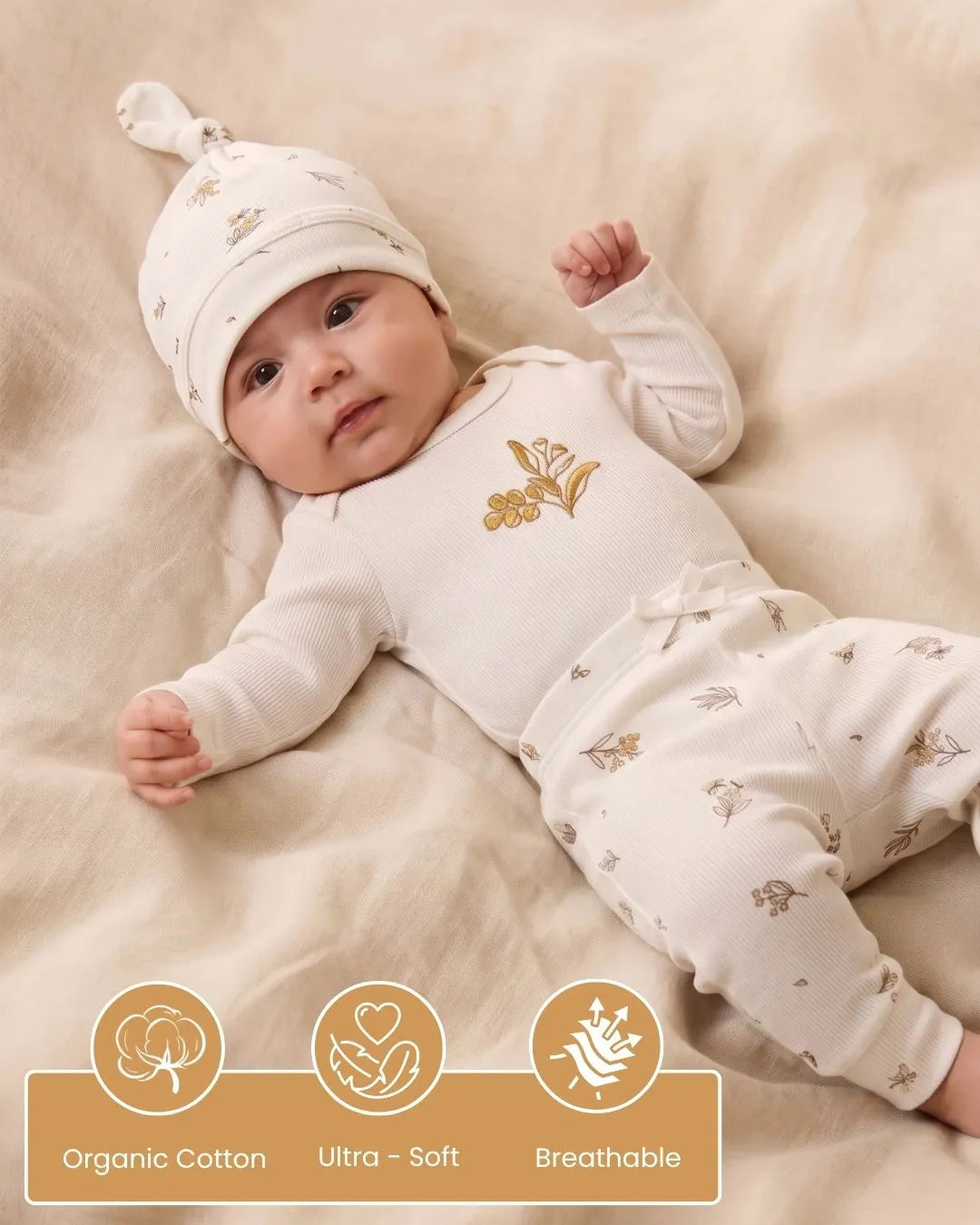 Soft Organic Cotton Baby Set – Bodysuit, Leggings & Cap